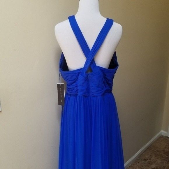 Aidan Mattox Deep Sky Blue Pleated Silk Chiffon Halter-Neck Gown Colbalt - Picture 11 of 15